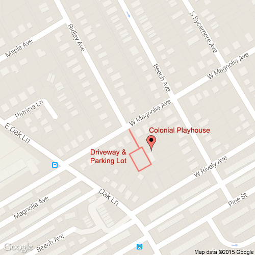 Map showing the location of Colonial Playhouse's driveway and parking lot